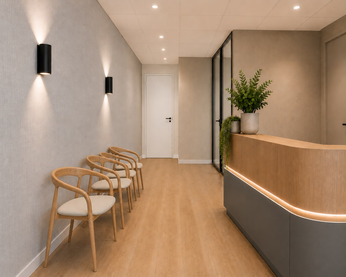Rustige wachtruimte met eiken stoelen en warme wandverlichting